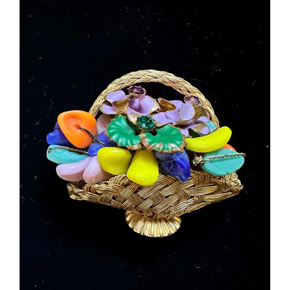 Vintage Flower Basket Brooch Woven Wire‎ & Molded Glass Beads